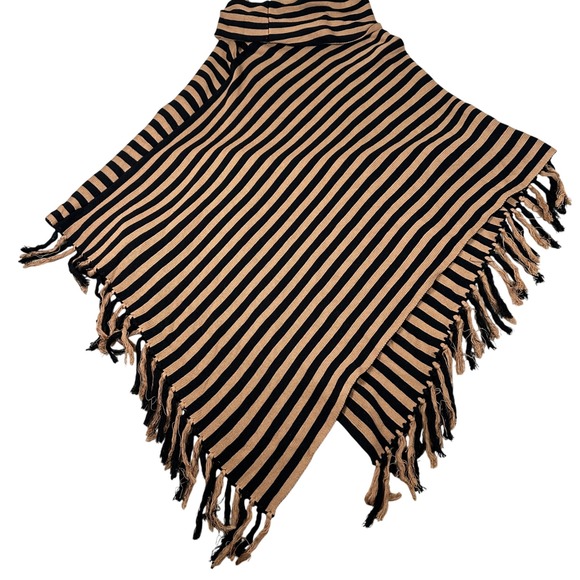 The Limited oversize Stripe Poncho Sweater Black Tan Fringe Turtleneck XS/S - Picture 6 of 8